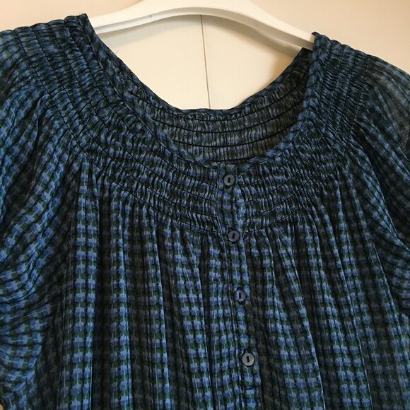 Checkered Chiffon Ruched Puff Sleeve Milkmaid Blouse - Picture 3 of 12